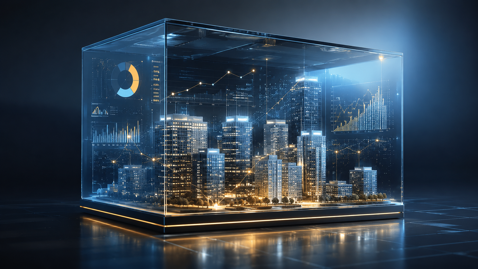 A glass display case holding a miniature illuminated city model overlaid with real-time analytics charts